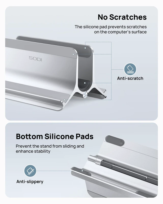 Alt view image 4 of 7 - Vertical Laptop Stand for Desk, Aluminum Laptop Holder Compatible with MacBook Pro, MacBook Air Stand Up to 17 inch, Gravity Auto-Lock Cooling, 3in1 Space Saving Desk Organizer Accessories, Silver