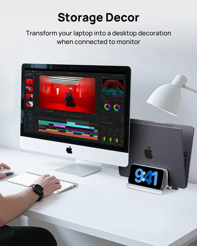 Alt view image 6 of 7 - Vertical Laptop Stand for Desk, Aluminum Laptop Holder Compatible with MacBook Pro, MacBook Air Stand Up to 17 inch, Gravity Auto-Lock Cooling, 3in1 Space Saving Desk Organizer Accessories, Silver