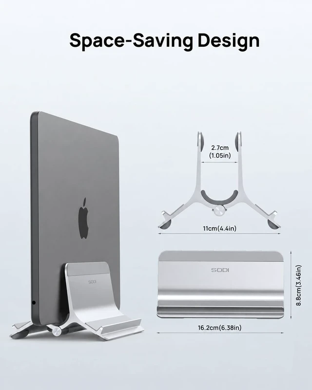 Alt view image 7 of 7 - Vertical Laptop Stand for Desk, Aluminum Laptop Holder Compatible with MacBook Pro, MacBook Air Stand Up to 17 inch, Gravity Auto-Lock Cooling, 3in1 Space Saving Desk Organizer Accessories, Silver