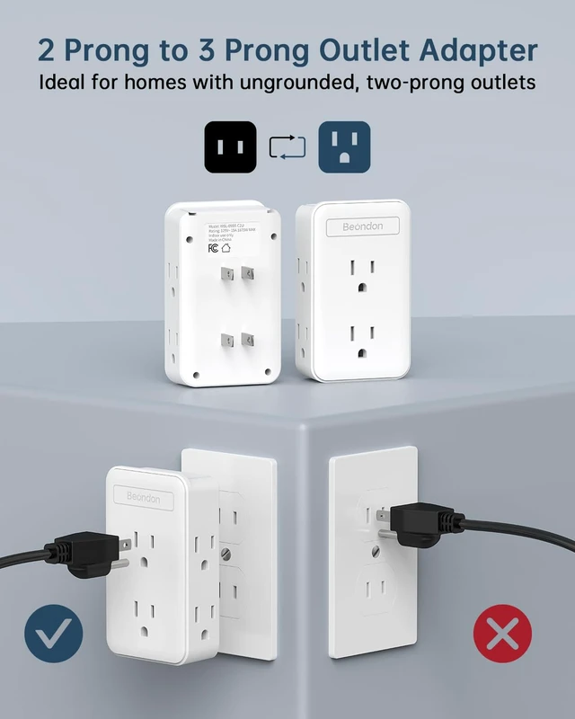 Alt view image 2 of 6 - 2 to 3 Prong Outlet Adapter with 6 Outlets, White, 2 Pack Three-sided wall extender for older two-prong outlets in homes, apartments and hotels. Does not provide grounding