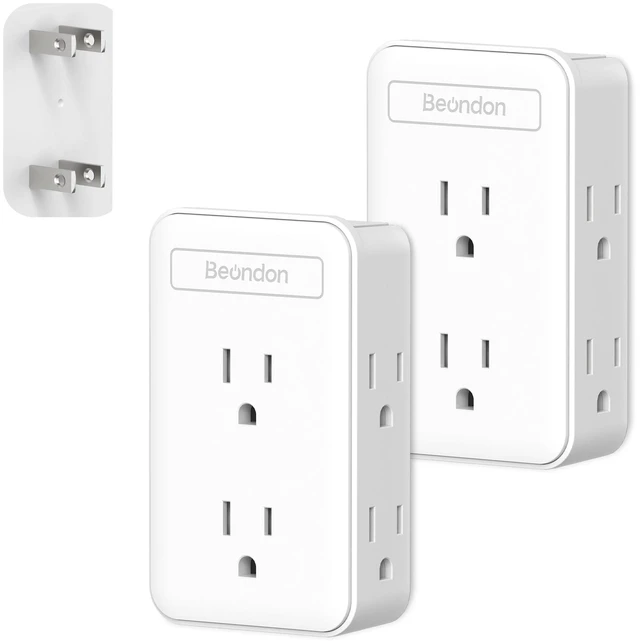 Main image of 2 to 3 Prong Outlet Adapter with 6 Outlets, White, 2 Pack Three-sided wall extender for older two-prong outlets in homes, apartments and hotels. Does not provide grounding