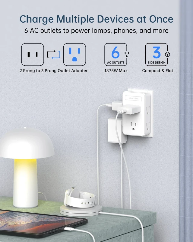 Alt view image 5 of 6 - 2 to 3 Prong Outlet Adapter with 6 Outlets, White, 2 Pack Three-sided wall extender for older two-prong outlets in homes, apartments and hotels. Does not provide grounding