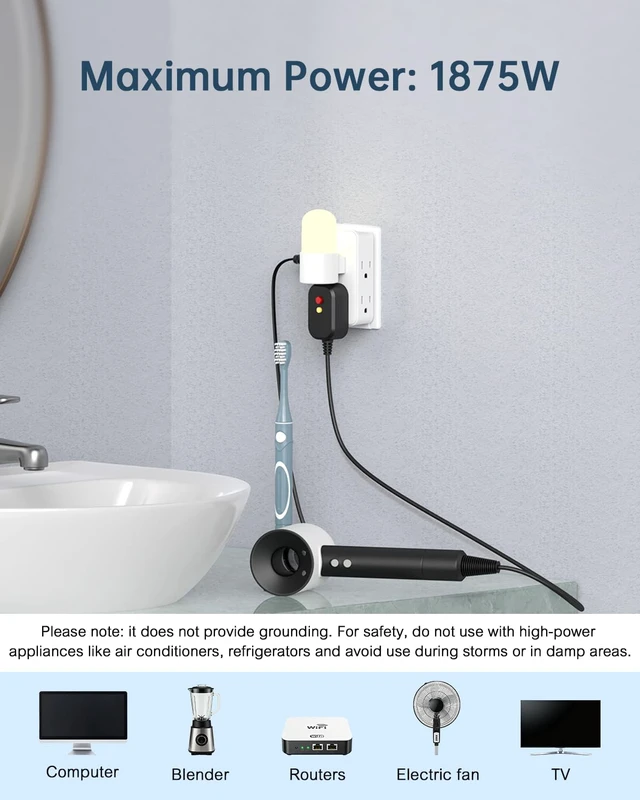 Alt view image 6 of 6 - 2 to 3 Prong Outlet Adapter with 6 Outlets, White, 2 Pack Three-sided wall extender for older two-prong outlets in homes, apartments and hotels. Does not provide grounding