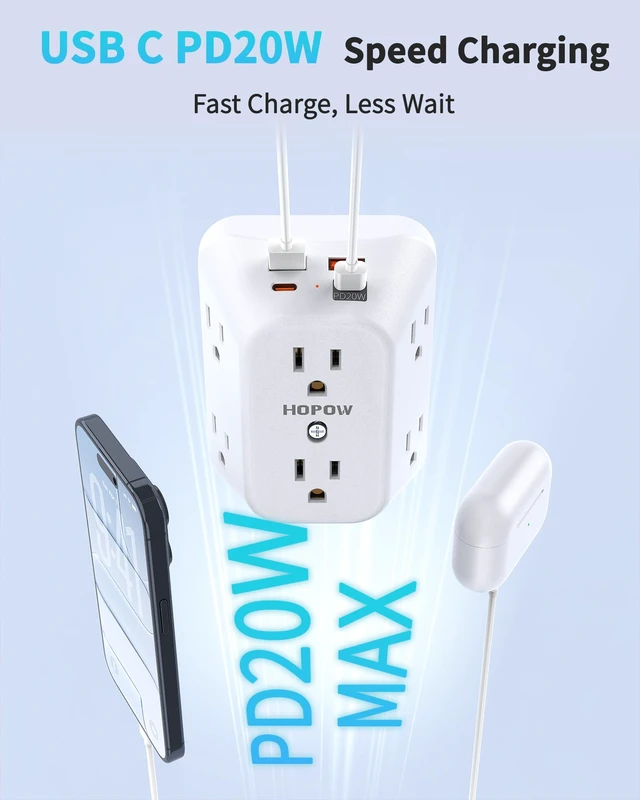 Alt view image 2 of 7 - Outlet Extender, PD20W, 6AC&2A2C, ETL, Multi Outlet Wall Plug, 1875W/15A 3-Sided Surge Protector, 1050J, Wall Mount, 1.9in Spacing, Flat Outlet Extender for Home Office Travel, White