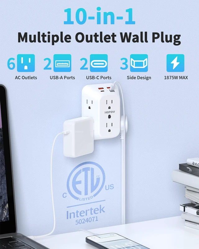 Alt view image 3 of 7 - Outlet Extender, PD20W, 6AC&2A2C, ETL, Multi Outlet Wall Plug, 1875W/15A 3-Sided Surge Protector, 1050J, Wall Mount, 1.9in Spacing, Flat Outlet Extender for Home Office Travel, White