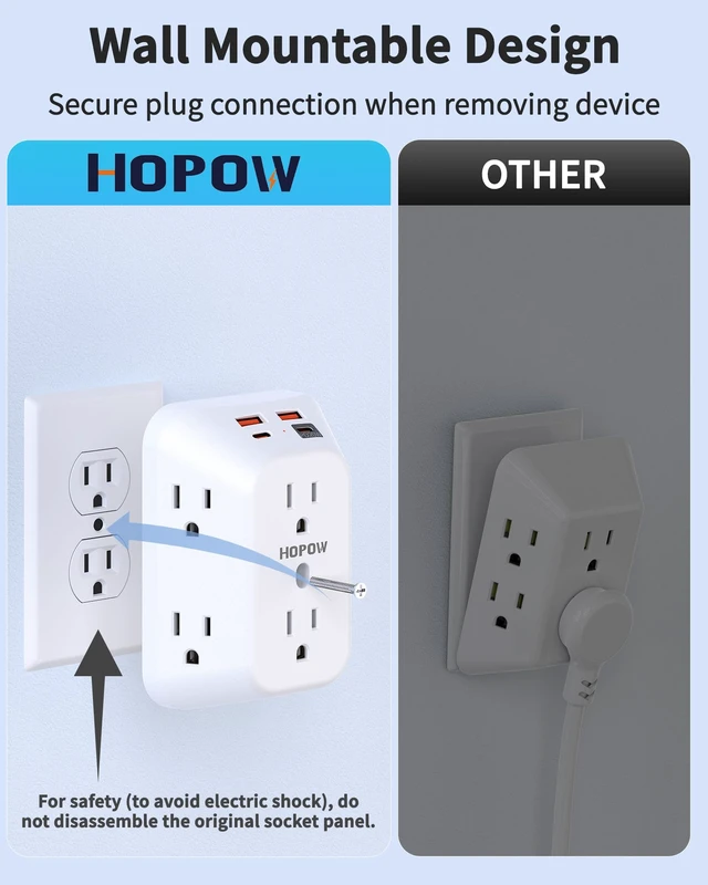 Alt view image 4 of 7 - Outlet Extender, PD20W, 6AC&2A2C, ETL, Multi Outlet Wall Plug, 1875W/15A 3-Sided Surge Protector, 1050J, Wall Mount, 1.9in Spacing, Flat Outlet Extender for Home Office Travel, White