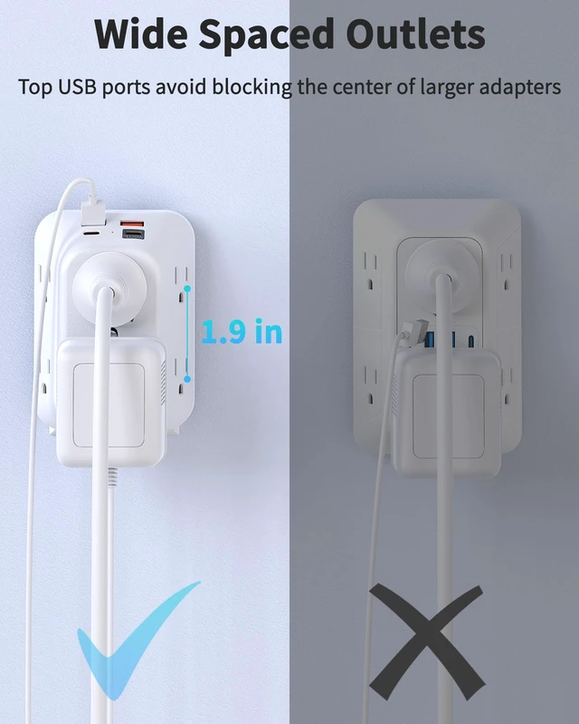 Alt view image 5 of 7 - Outlet Extender, PD20W, 6AC&2A2C, ETL, Multi Outlet Wall Plug, 1875W/15A 3-Sided Surge Protector, 1050J, Wall Mount, 1.9in Spacing, Flat Outlet Extender for Home Office Travel, White
