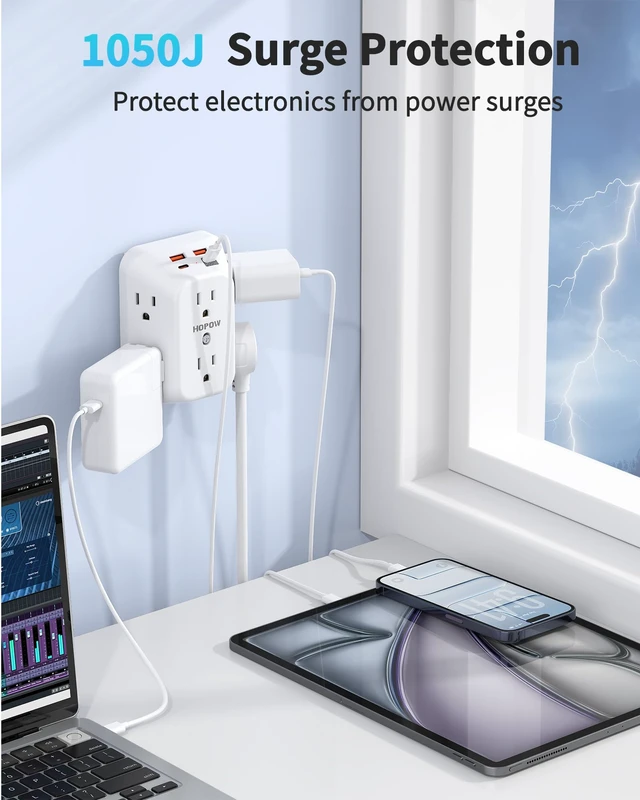 Alt view image 6 of 7 - Outlet Extender, PD20W, 6AC&2A2C, ETL, Multi Outlet Wall Plug, 1875W/15A 3-Sided Surge Protector, 1050J, Wall Mount, 1.9in Spacing, Flat Outlet Extender for Home Office Travel, White