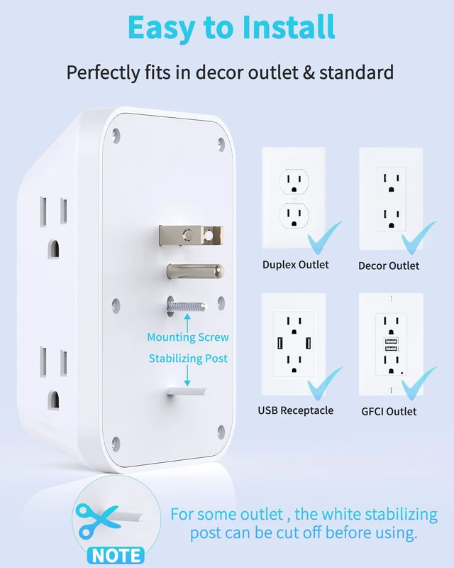 Alt view image 7 of 7 - Outlet Extender, PD20W, 6AC&2A2C, ETL, Multi Outlet Wall Plug, 1875W/15A 3-Sided Surge Protector, 1050J, Wall Mount, 1.9in Spacing, Flat Outlet Extender for Home Office Travel, White