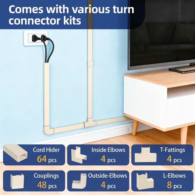 Alt view image 5 of 7 - Cord Hider Kits, 1008in Self Adhesive Paintable Cable Cover Raceways, TV Cable Hider for Ceiling, Home Office Wire Management on Wall, 64PCS X L15.75in W 0.94in H 0.55in