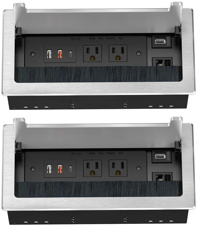 Main image of 2Pack Conference Table Power Hub, Outlet Multimedia Connectivity Box with 1 HDMI + 1 RJ45 + 20W USB C + 2 USB A + 2 AC Outlets, Heavy Duty Metal for Countertop Office UL Listed