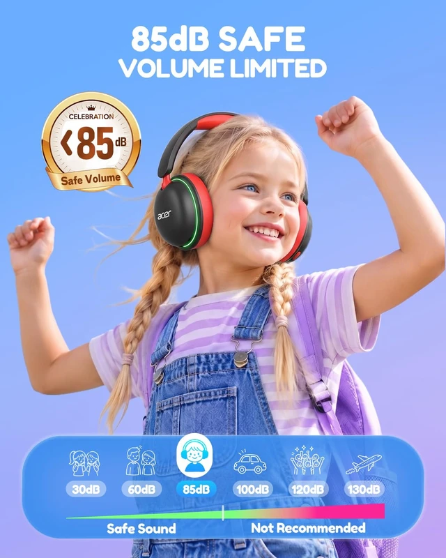 Alt view image 3 of 7 - OHR727 Kids Bluetooth Headphones Travel, OverEar Comfort Design 85dB Safe Volume, 110H Playtime with LED Lights, Bluetooth 6.0, Built-in Mic, for iPad Tablet Travel School Black Red