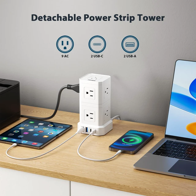 Alt view image 2 of 7 - Power Strip with USB, Power Strip Tower with 9 Outlets, 2 USB-C, 2 USB-A, Convertible Outlet Extender & Desk Charging Block, 6.5 FT Flat Plug Extension Cord for Home Office, Kitchen 1625W/13A