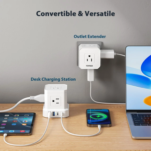 Alt view image 3 of 7 - Power Strip with USB, Power Strip Tower with 9 Outlets, 2 USB-C, 2 USB-A, Convertible Outlet Extender & Desk Charging Block, 6.5 FT Flat Plug Extension Cord for Home Office, Kitchen 1625W/13A