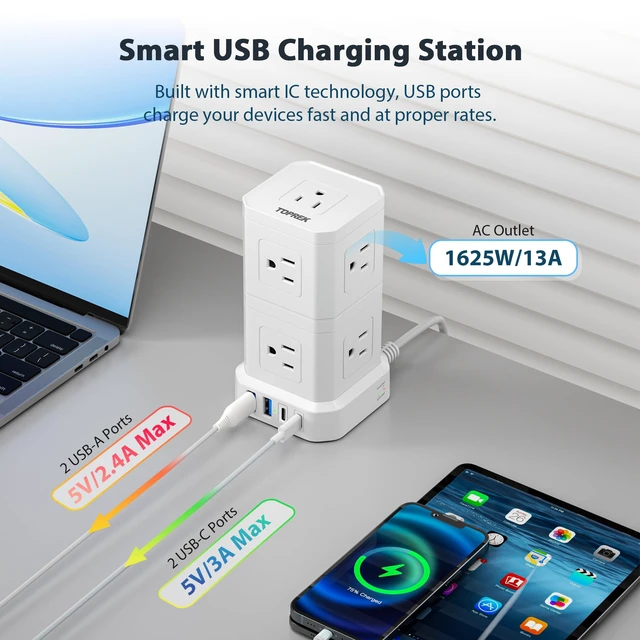 Alt view image 4 of 7 - Power Strip with USB, Power Strip Tower with 9 Outlets, 2 USB-C, 2 USB-A, Convertible Outlet Extender & Desk Charging Block, 6.5 FT Flat Plug Extension Cord for Home Office, Kitchen 1625W/13A