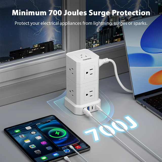 Alt view image 5 of 7 - Power Strip with USB, Power Strip Tower with 9 Outlets, 2 USB-C, 2 USB-A, Convertible Outlet Extender & Desk Charging Block, 6.5 FT Flat Plug Extension Cord for Home Office, Kitchen 1625W/13A