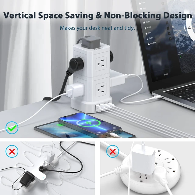 Alt view image 6 of 7 - Power Strip with USB, Power Strip Tower with 9 Outlets, 2 USB-C, 2 USB-A, Convertible Outlet Extender & Desk Charging Block, 6.5 FT Flat Plug Extension Cord for Home Office, Kitchen 1625W/13A
