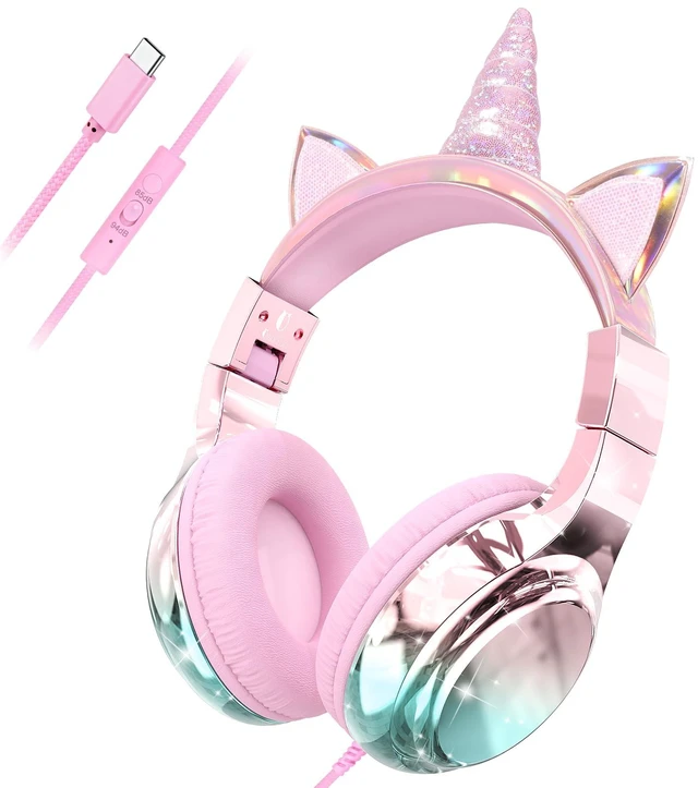 Main image of USB C Kids Unicorn Wired Headphones with Mic, 85/94dB Volume Limit Kids headphones with cord, foldable on-ear fit, tangle-free, sharing port for school, Chromebook, tablet, travel, boys girls