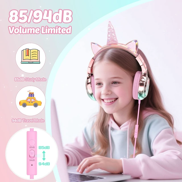 Alt view image 3 of 7 - USB C Kids Unicorn Wired Headphones with Mic, 85/94dB Volume Limit Kids headphones with cord, foldable on-ear fit, tangle-free, sharing port for school, Chromebook, tablet, travel, boys girls