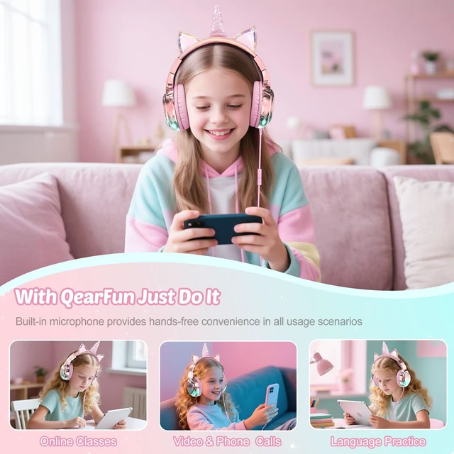 Alt view image 4 of 7 - USB C Kids Unicorn Wired Headphones with Mic, 85/94dB Volume Limit Kids headphones with cord, foldable on-ear fit, tangle-free, sharing port for school, Chromebook, tablet, travel, boys girls