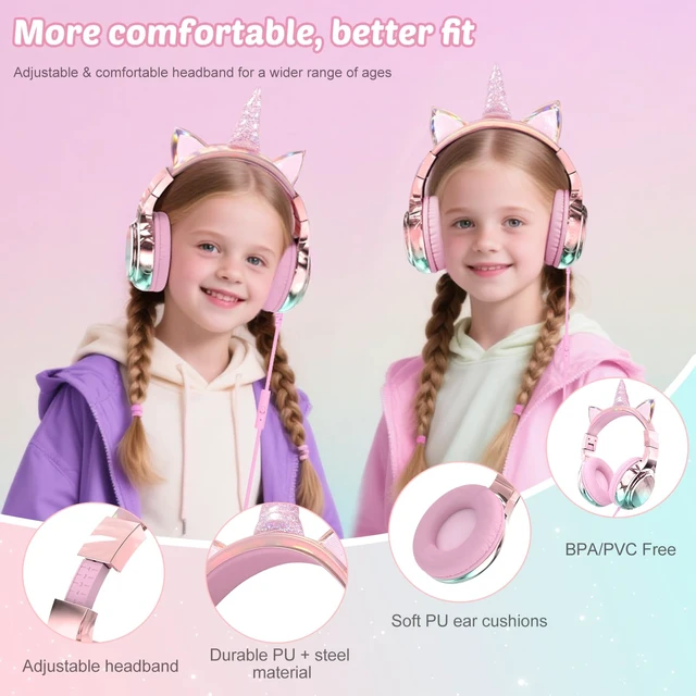 Alt view image 7 of 7 - USB C Kids Unicorn Wired Headphones with Mic, 85/94dB Volume Limit Kids headphones with cord, foldable on-ear fit, tangle-free, sharing port for school, Chromebook, tablet, travel, boys girls