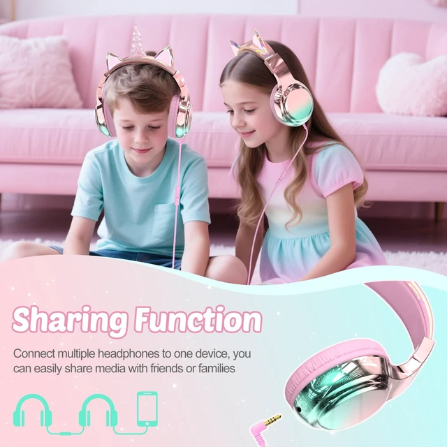 Alt view image 6 of 7 - USB C Kids Unicorn Wired Headphones with Mic, 85/94dB Volume Limit Kids headphones with cord, foldable on-ear fit, tangle-free, sharing port for school, Chromebook, tablet, travel, boys girls