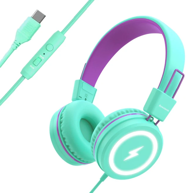 Main image of Kids Headphones with LED Lights, USB Type C Headphones for School 85/94dB Volume Limit, On Ear Headphones with Microphone, Wired Foldable, Stereo Sound, for iPad/Tablet/Travel/Gift, Green