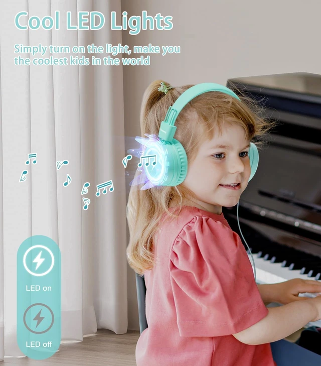 Alt view image 3 of 7 - Kids Headphones with LED Lights, USB Type C Headphones for School 85/94dB Volume Limit, On Ear Headphones with Microphone, Wired Foldable, Stereo Sound, for iPad/Tablet/Travel/Gift, Green
