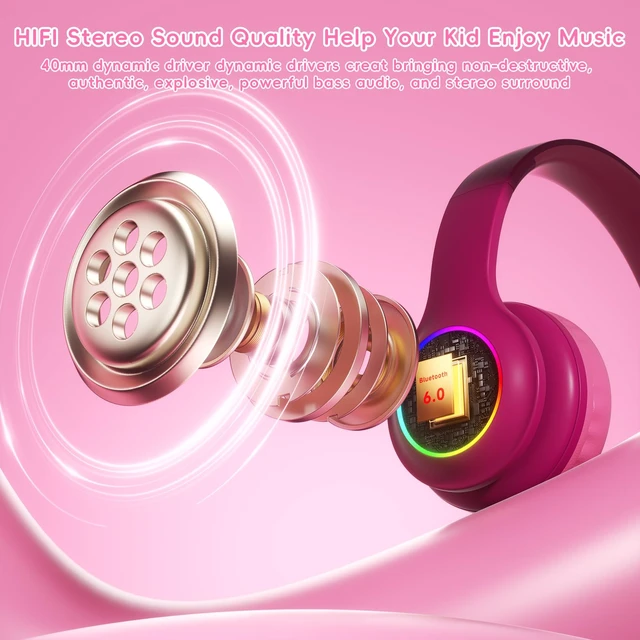 Alt view image 2 of 7 - Kids Bluetooth 6.0 Headphones with LED Light, 85Hours Playtimes, Type-C Fast Charging, 85/94dB Volume Limited, Comfort Wireless Headphones with Built-in Mic, Wired & TF Card Mode, Hot Red