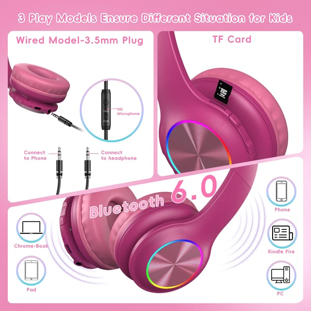 Alt view image 3 of 7 - Kids Bluetooth 6.0 Headphones with LED Light, 85Hours Playtimes, Type-C Fast Charging, 85/94dB Volume Limited, Comfort Wireless Headphones with Built-in Mic, Wired & TF Card Mode, Hot Red