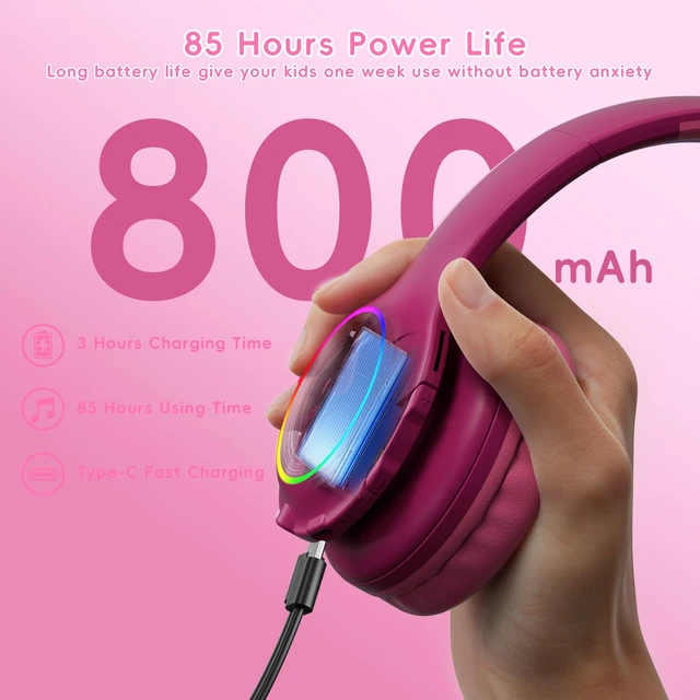Alt view image 4 of 7 - Kids Bluetooth 6.0 Headphones with LED Light, 85Hours Playtimes, Type-C Fast Charging, 85/94dB Volume Limited, Comfort Wireless Headphones with Built-in Mic, Wired & TF Card Mode, Hot Red
