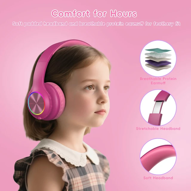 Alt view image 5 of 7 - Kids Bluetooth 6.0 Headphones with LED Light, 85Hours Playtimes, Type-C Fast Charging, 85/94dB Volume Limited, Comfort Wireless Headphones with Built-in Mic, Wired & TF Card Mode, Hot Red