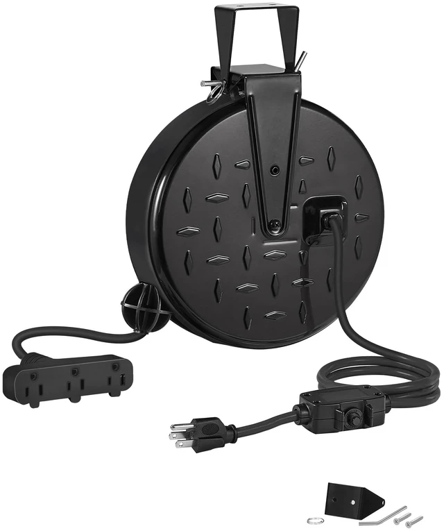 Main image of 30 Ft Retractable Extension Cord Reel, 16/3 Gauge SJTW Power Cord with 3 Electrical Outlets Pigtail for Garage and Shop, 10 Amp Circuit Breaker, Metal Plate, UL Listed, Black H30CR06