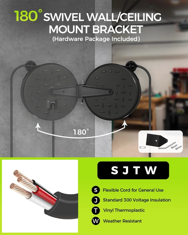 Alt view image 2 of 7 - 30 Ft Retractable Extension Cord Reel, 16/3 Gauge SJTW Power Cord with 3 Electrical Outlets Pigtail for Garage and Shop, 10 Amp Circuit Breaker, Metal Plate, UL Listed, Black H30CR06