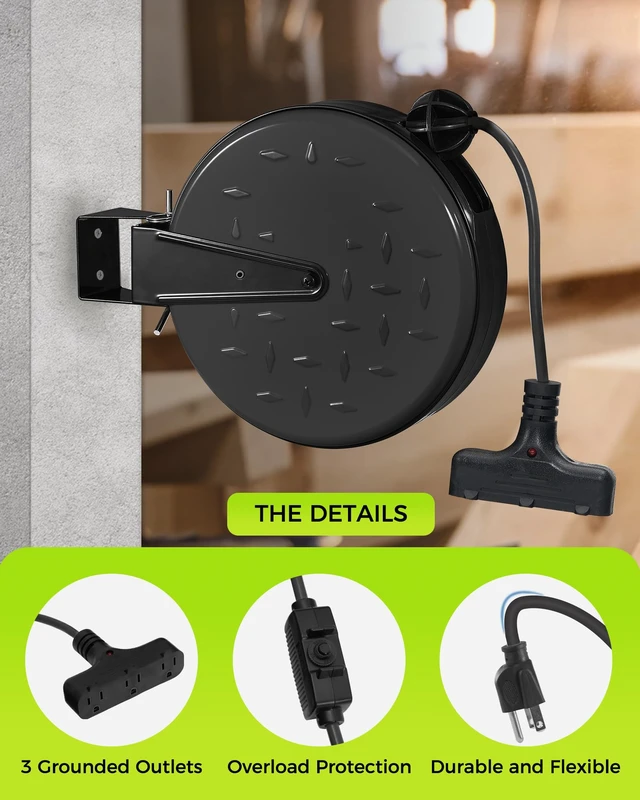 Alt view image 5 of 7 - 30 Ft Retractable Extension Cord Reel, 16/3 Gauge SJTW Power Cord with 3 Electrical Outlets Pigtail for Garage and Shop, 10 Amp Circuit Breaker, Metal Plate, UL Listed, Black H30CR06