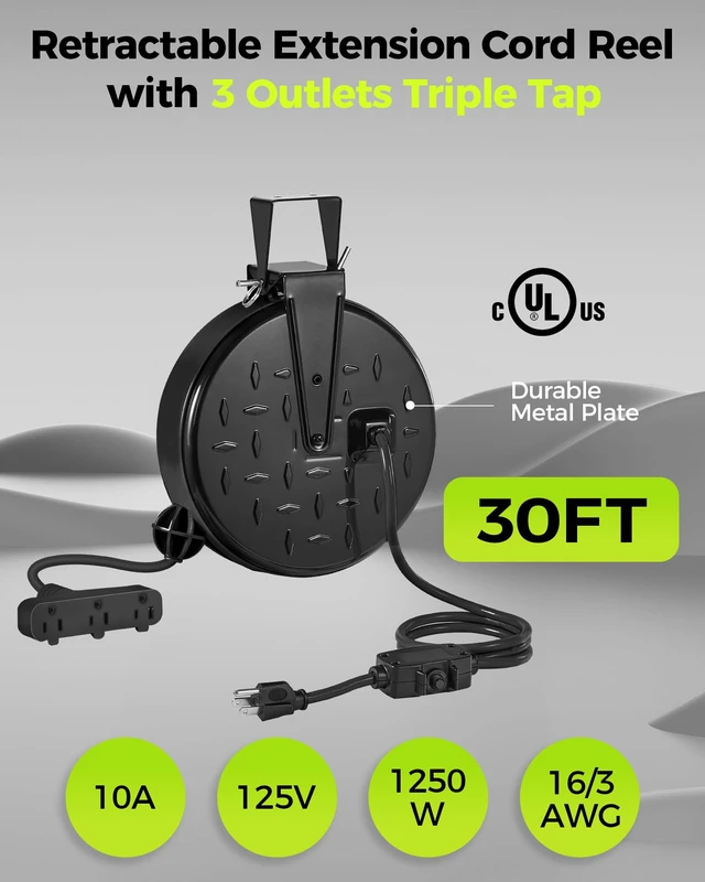 Alt view image 7 of 7 - 30 Ft Retractable Extension Cord Reel, 16/3 Gauge SJTW Power Cord with 3 Electrical Outlets Pigtail for Garage and Shop, 10 Amp Circuit Breaker, Metal Plate, UL Listed, Black H30CR06