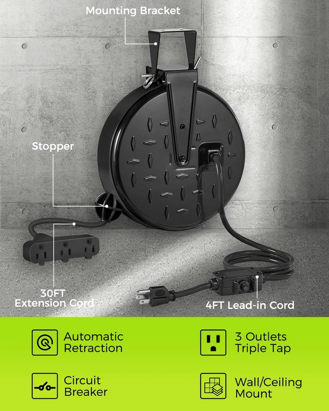 Alt view image 6 of 7 - 30 Ft Retractable Extension Cord Reel, 16/3 Gauge SJTW Power Cord with 3 Electrical Outlets Pigtail for Garage and Shop, 10 Amp Circuit Breaker, Metal Plate, UL Listed, Black H30CR06