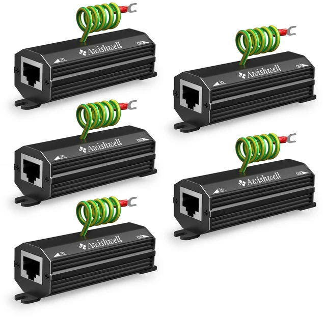 Main image of Gigabit Ethernet Surge Protector, 5Pack Metal Shielded Lightning Arrestor 20KA LAN Network Surge Protector, CAT5/CAT6 Thunder Arrestor-with Mounting Flange, POE++