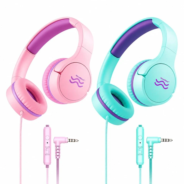 Main image of 2-Pack Wired Kids Headphones with Mic, 85/94dB Volume Limiting, Foldable On-Ear Headset for School, Travel, Tablet & Laptop, 3.5mm Jack, Green/Pink/Purple