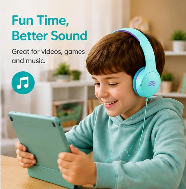 Alt view image 2 of 5 - 2-Pack Wired Kids Headphones with Mic, 85/94dB Volume Limiting, Foldable On-Ear Headset for School, Travel, Tablet & Laptop, 3.5mm Jack, Green/Pink/Purple