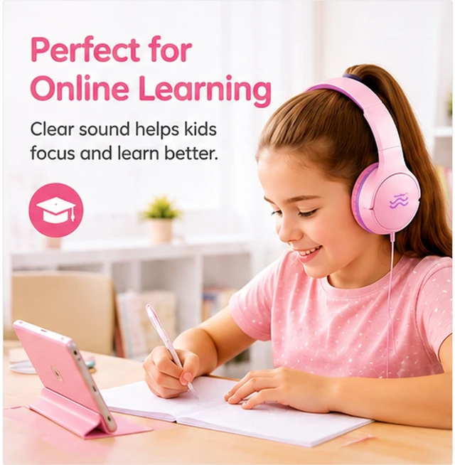 Alt view image 3 of 5 - 2-Pack Wired Kids Headphones with Mic, 85/94dB Volume Limiting, Foldable On-Ear Headset for School, Travel, Tablet & Laptop, 3.5mm Jack, Green/Pink/Purple