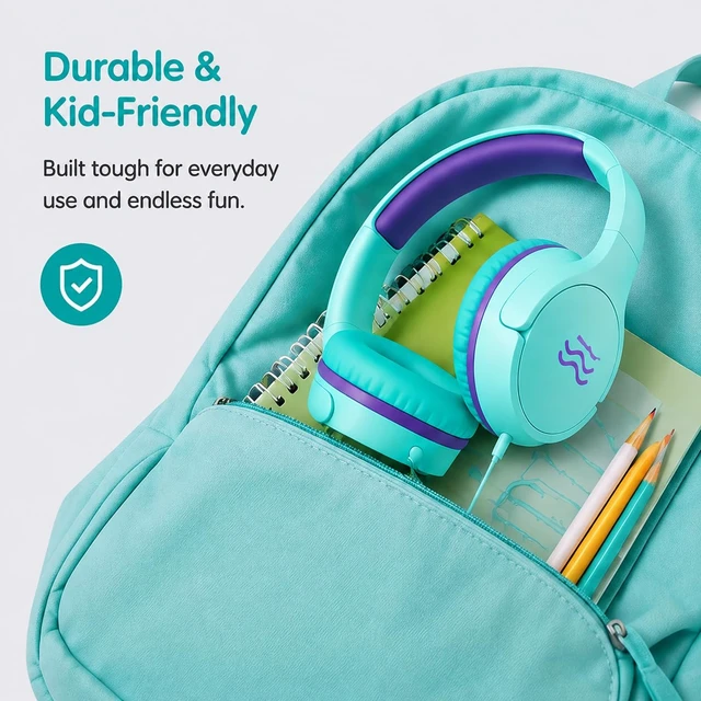 Alt view image 4 of 5 - 2-Pack Wired Kids Headphones with Mic, 85/94dB Volume Limiting, Foldable On-Ear Headset for School, Travel, Tablet & Laptop, 3.5mm Jack, Green/Pink/Purple
