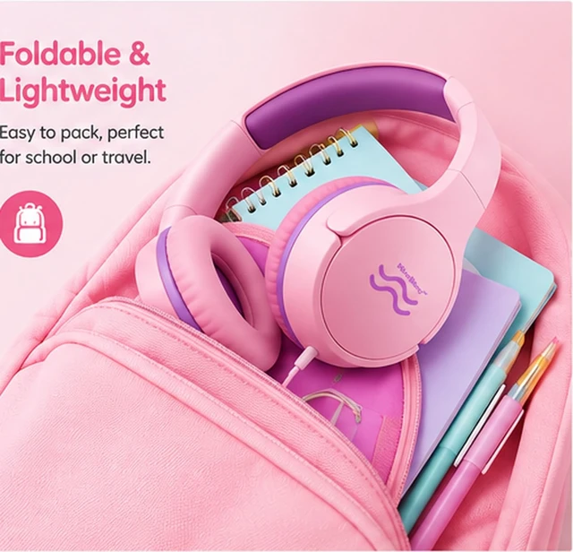 Alt view image 5 of 5 - 2-Pack Wired Kids Headphones with Mic, 85/94dB Volume Limiting, Foldable On-Ear Headset for School, Travel, Tablet & Laptop, 3.5mm Jack, Green/Pink/Purple
