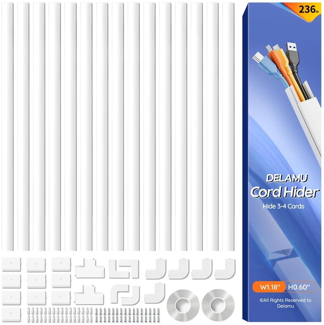 Main image of 236in Cord Hider, Professional Cable Cover Kit for Wall, TV Wire Hider for Wall Mounted TV, Raceway Cover on Management Wires, Cable Concealer, 1.18'' H x 0.60'' W, White
