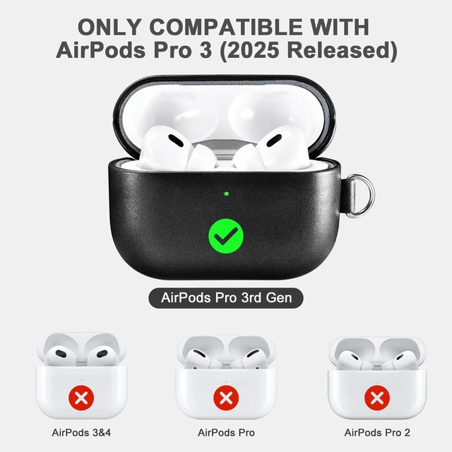 Alt view image 2 of 6 - AirPods Pro 3 Case with Strap, Geniune Leather Vintage Cover (Black)