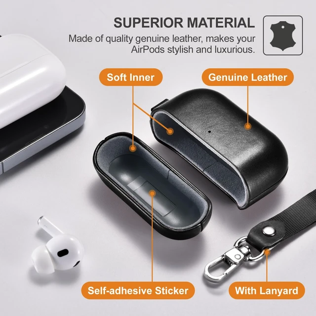 Alt view image 3 of 6 - AirPods Pro 3 Case with Strap, Geniune Leather Vintage Cover (Black)