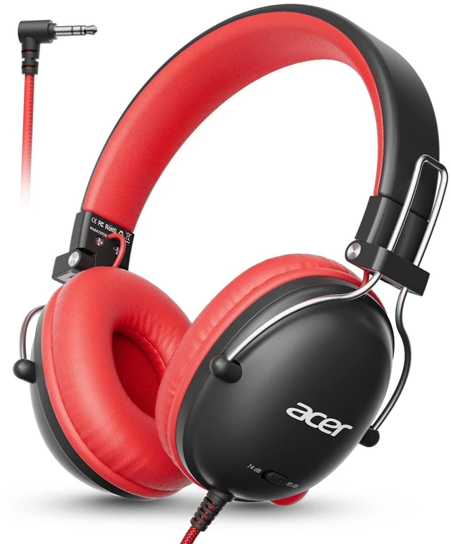 Main image of Kids Headphones Wired for School, 74-85dB Limiter, Black Red OHW342 Foldable on-ear Stereo Sound, Tangle Free, 3.5mm Jack,for Kids Boys Girls Classroom Travel Chromebook iPad Tablets
