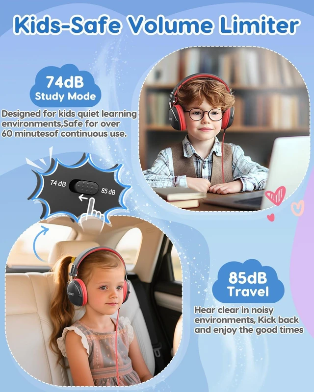 Alt view image 2 of 7 - Kids Headphones Wired for School, 74-85dB Limiter, Black Red OHW342 Foldable on-ear Stereo Sound, Tangle Free, 3.5mm Jack,for Kids Boys Girls Classroom Travel Chromebook iPad Tablets