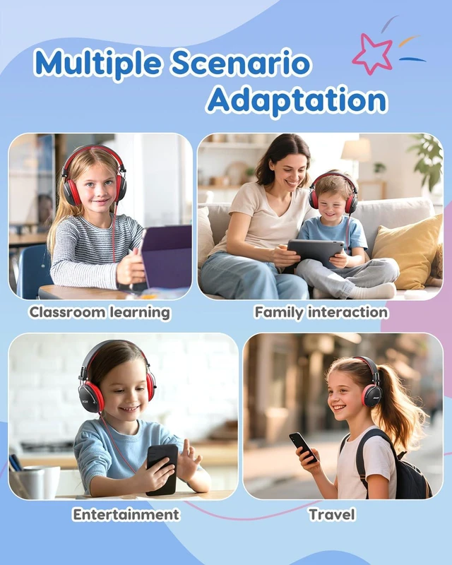 Alt view image 3 of 7 - Kids Headphones Wired for School, 74-85dB Limiter, Black Red OHW342 Foldable on-ear Stereo Sound, Tangle Free, 3.5mm Jack,for Kids Boys Girls Classroom Travel Chromebook iPad Tablets