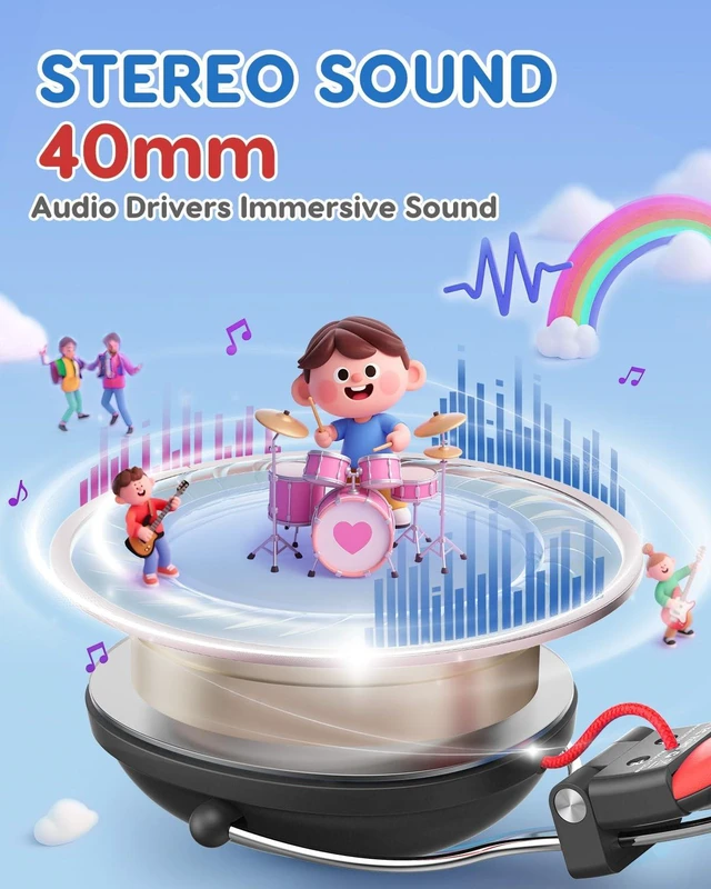 Alt view image 4 of 7 - Kids Headphones Wired for School, 74-85dB Limiter, Black Red OHW342 Foldable on-ear Stereo Sound, Tangle Free, 3.5mm Jack,for Kids Boys Girls Classroom Travel Chromebook iPad Tablets